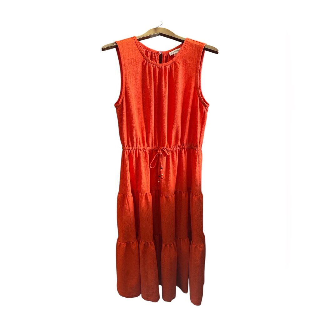 Calvin Klein Sleeveless Tiered Midi Sleeveless Boho Dress in Orange Size 12 - Picture 2 of 6